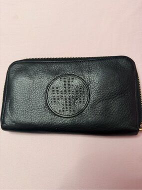 Tory Burch Black Leather Zip-Around Wallet with Gold Hardware